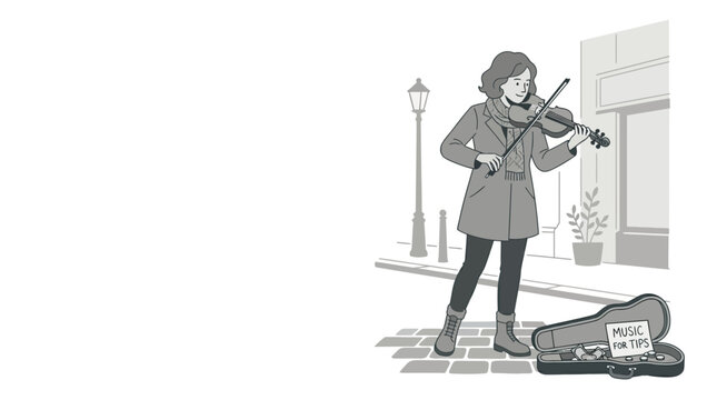 A young woman playing the violin on a city street corner.