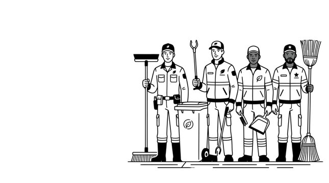 A group of four professional sanitation workers standing together with cleaning tools and equipment.