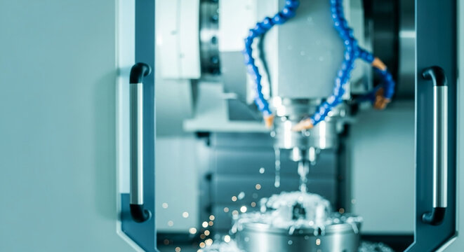 Blurred abstract industrial background of a high precision CNC milling machine tool at work in a modern factory metalworking facility for manufacturing concepts.