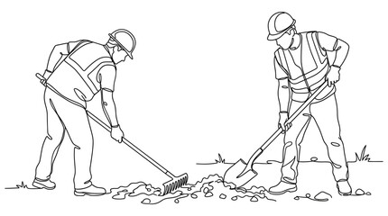 Two construction workers using a rake and shovel to clear ground. © Adilah_Fathir