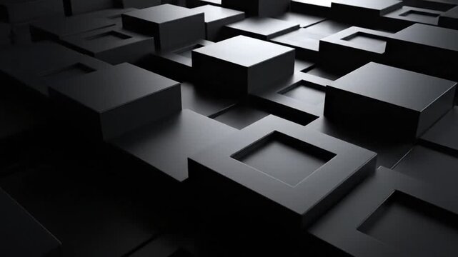 3D abstract background of dark gray and black cubes with sharp edges and varying heights. Geometric grid pattern with directional lighting and deep shadows for a modern look.