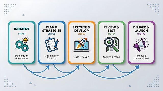 Business process infographic with 5 steps, project management workflow diagram, strategic development roadmap from initialize to deliver and launch