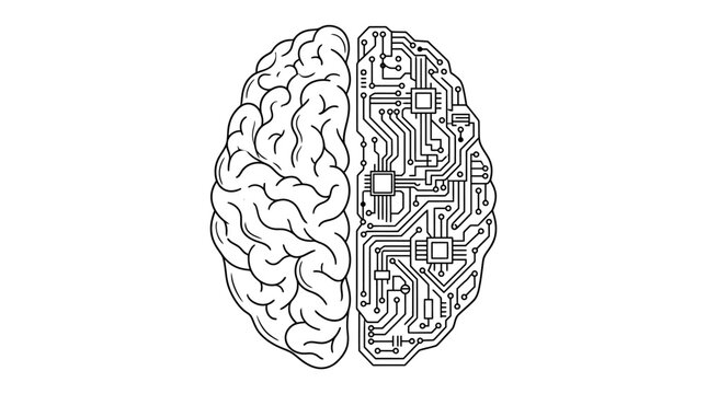A conceptual illustration of a human brain split between organic anatomy and digital circuit board technology.