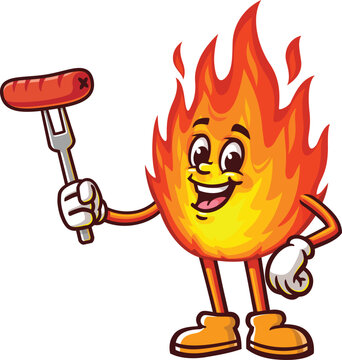 Cartoon mascot of a flame holding a sausage