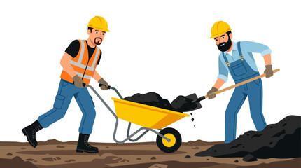 Two construction workers collaborating to move soil with a wheelbarrow on a job site. © Adilah_Fathir