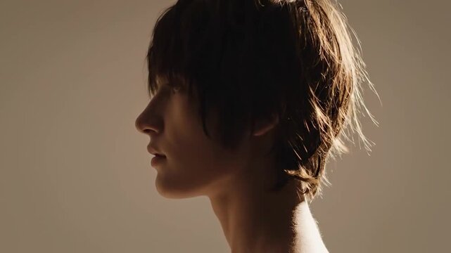Pensive young person's profile with dramatic backlight against warm background