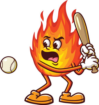 Flame cartoon mascot playing baseball