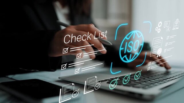 Digital Checklist for Compliance Management with Custom Icons for ISO Standards on Laptop in Modern Workspace Environment Gluon.