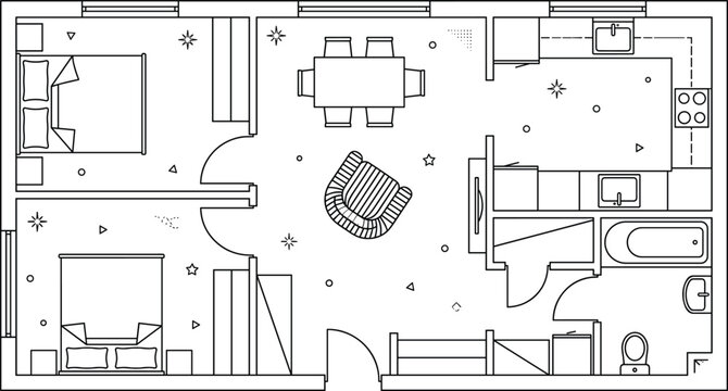 House floor plan vector architectural schematic sketch layout of modern two bedroom apartment blueprint overview