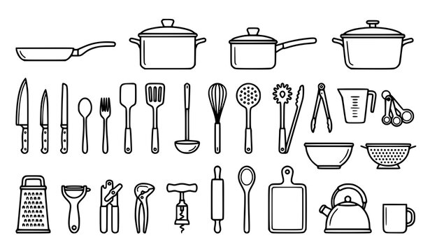 Kitchen Tools and Cooking Accessories Outline Icons Collection Vector Illustration