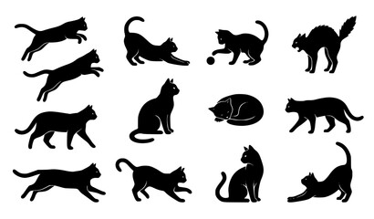 Cat Silhouette Collection with Different Poses Animal Illustration Set © MstNadiya