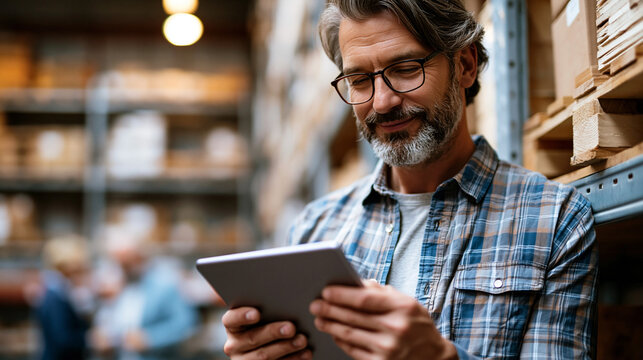 Male warehouse professional using a tablet computer while standing beside large shelving units, reviewing comparative data and coordinating with a senior colleague in a professional