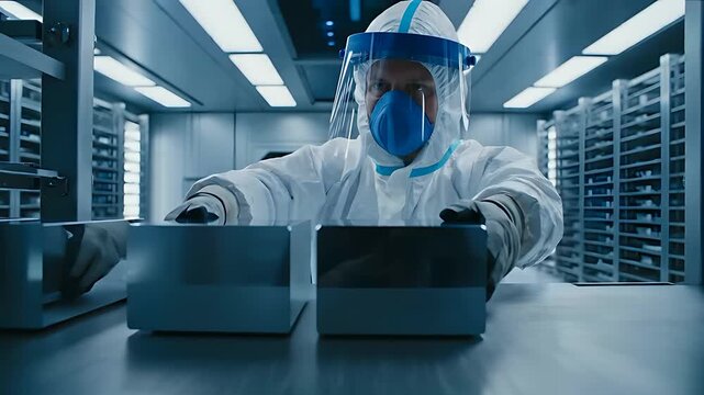 Scientist in full protective suit handling high-tech equipment in a sterile laboratory. Professional working in a cleanroom facility. Biotechnology research and pharmaceutical manufacturing concept.