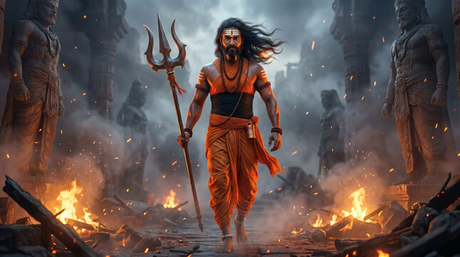 Machindranath walks through ruined temple of fire and smoke, embodying warrior ascetic energy and destruction of ignorance through divine Shiva power illustrative wallpaper