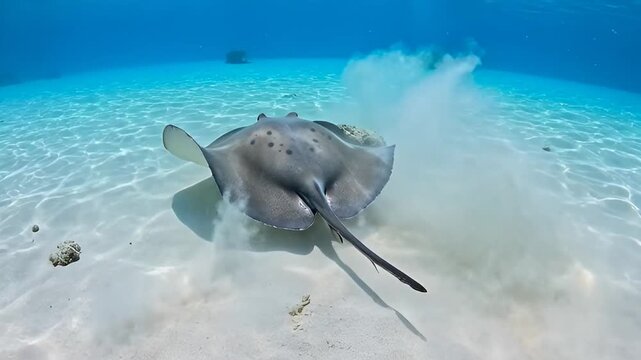A majestic stingray glides gracefully through crystal-clear turquoise waters, its shadow dappling the sandy seabed as it stirs up a plume of fine sediment.