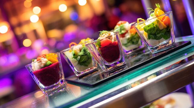 tray. An elegant dish presentation on a serving tray with ambient restaurant lighting and a softly blurred background. menu design.