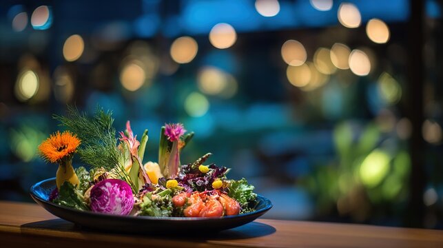 tray. An elegant dish presentation on a serving tray with ambient restaurant lighting and a softly blurred background. menu design.