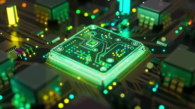 3d animation abstract sci-fi computer processor surrounded by illuminated circuits and electronic components. Seamless looped technology background for AI, servers and computing.
