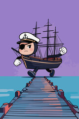 Obraz premium Anthropomorphic Pirate Captain Sailor Running on Wooden Pier