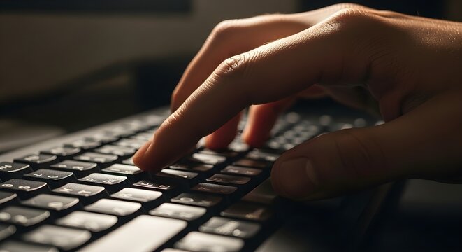 Focused Hand Typing on Laptop Keyboard in Low Light, Highlighting Digital Work and Technology