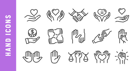 Fototapeta premium Hand icons. Hand icons set. Hand, Help, Care, Support, Donation icons isolated on white background for charity, app, and web design. Vector illustration
