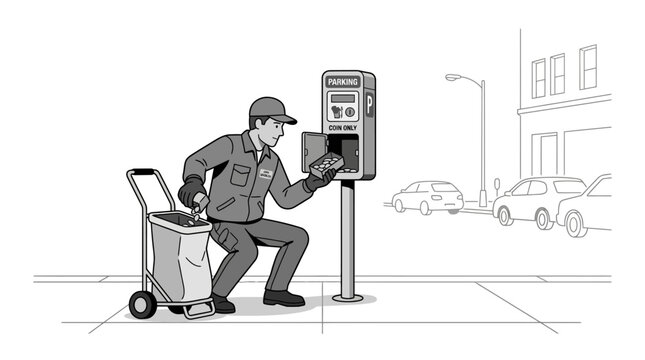 A worker in uniform servicing a parking meter on a city sidewalk.