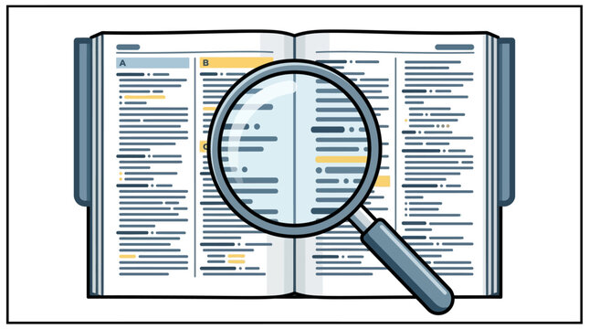 A magnifying glass placed over an open dictionary page for detailed research.
