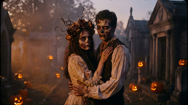 Dramatic artistic portrait of a zombie couple wearing intricate face paint and floral crowns in a romantic eerie setting, cinematic lighting highlighting horror costumes for a Halloween theme.