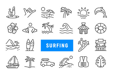 Fototapeta premium Surfing icons. Large set of surfing trendy minimal icons. Wave, surfboard, beach, palm, sunset, ocean, island icons. Design for web, mobile app. Vector illustration