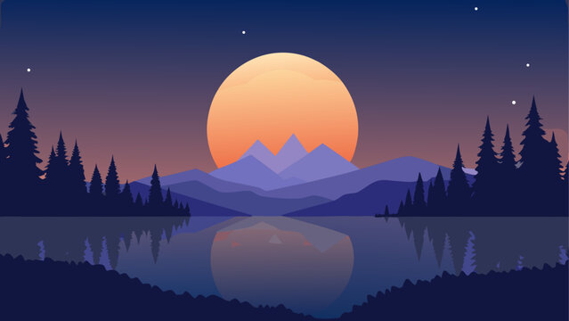Full moon rising over calm lake with pine trees at dusk