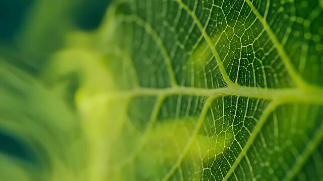 Extreme macro close up of a green leaf showing detailed vein structure. Camera focuses on the intricate organic patterns and biological texture of foliage. Natural biology concept for eco marketing.