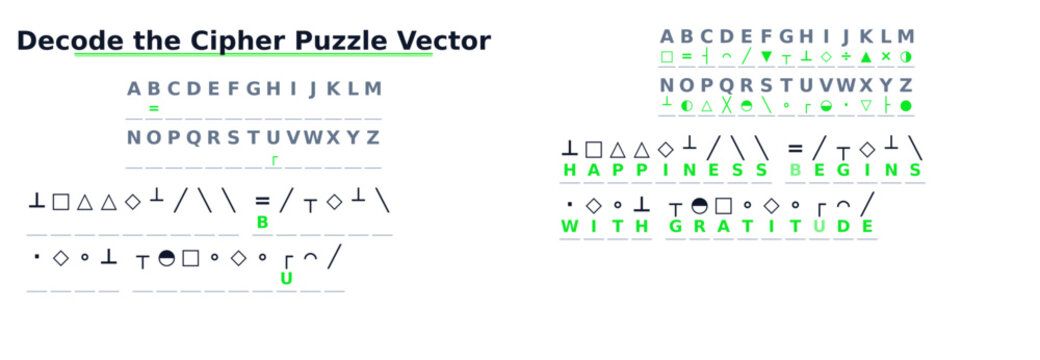 Cryptogram decode puzzle vector. Secret message game with alphabet key. Geometric symbol cipher isolated on transparent background