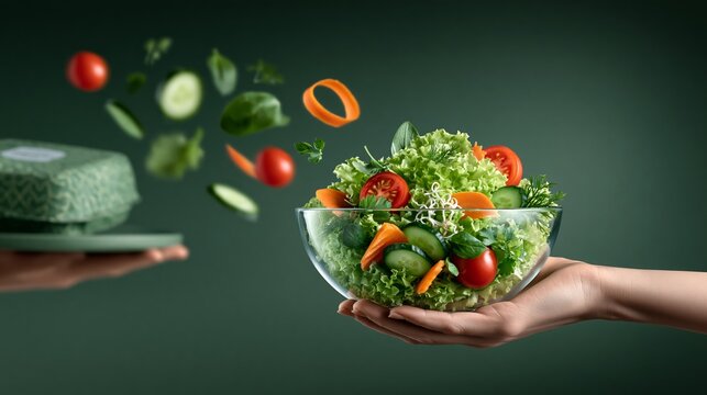 Fresh salad bowl with assorted vegetables including lettuce, tomatoes, cucumbers, and peppers, with ingredients floating above and a takeout container in the background
