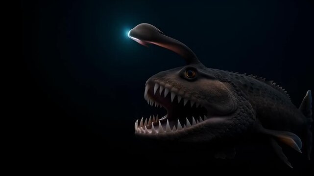 A deep-sea anglerfish with a bioluminescent lure glows eerily in the profound darkness of the ocean depths, showcasing its formidable jaws and sharp teeth.