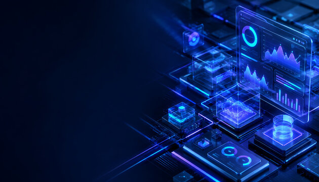 Abstract futuristic digital circuit board with glowing blue data streams and interfaces