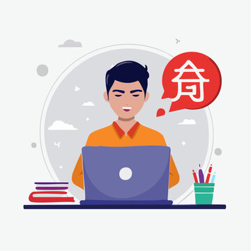 Man learning foreign language online with laptop and books