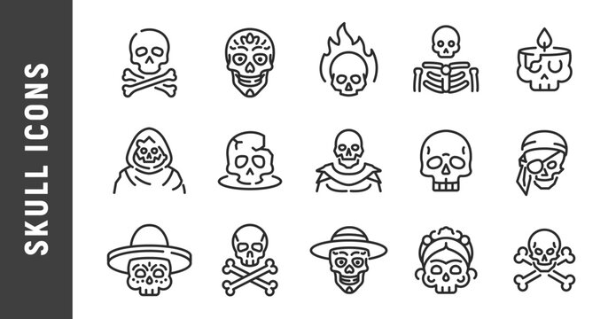 Skull icons. Set of skull trendy minimal icons. Skull, Skeleton, Bone, Ghost, Pirate icon. Design signs for web page, mobile app, packaging design. Vector illustration