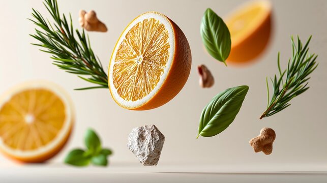 Floating orange slices, fresh basil leaves, ginger pieces, and rosemary sprigs arranged artistically against a soft beige background, showcasing vibrant colors and textures