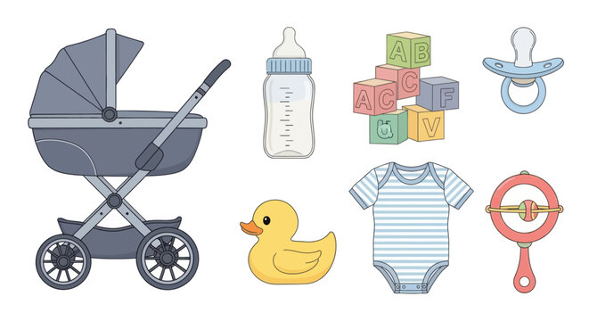 Newborn baby care items including stroller milk bottle blocks dummy and baby bodysuit.