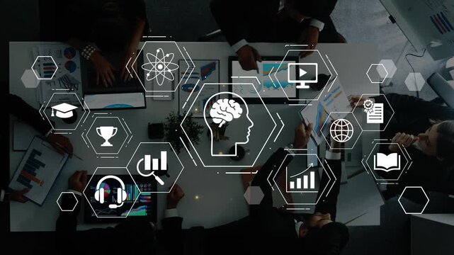 Team Collaboration with Technology Icons on Table Representing Innovation, Knowledge, and Ideas in a Modern Office Setting Gluon.
