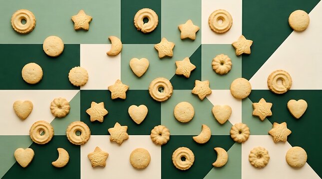 Assorted Cookie Shapes on Geometric Background