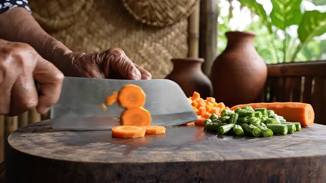 Closeup of hands chopping fresh vegetables on a rustic wooden cutting board.
