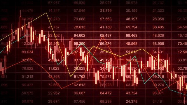 Seamless loop 3D animation of red candlestick chart over blurred market numbers with glowing bars and multiple trend lines for trading, forex, stocks, and financial analytics.