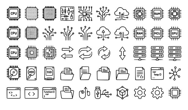 Abstract CPU and computer technology doodle outline vector collection with editable black line elements