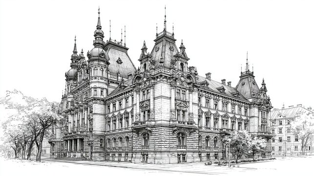 Black and white line drawing of the grand Lviv Polytechnic University building, a famous architectural landmark in Lviv, Ukraine.