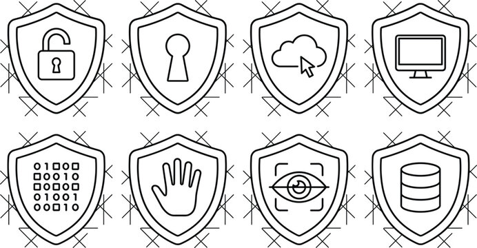 Cyber Security and Data Protection Shield Icon Set Featuring Cloud Security Biometric Scan Network Guard and Digital Privacy Symbols for Web Interfaces