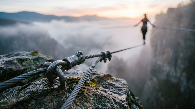 Brave tightrope walker balancing on steel cable over misty mountain canyon during sunrise high wire walk for adventure and business metaphor.