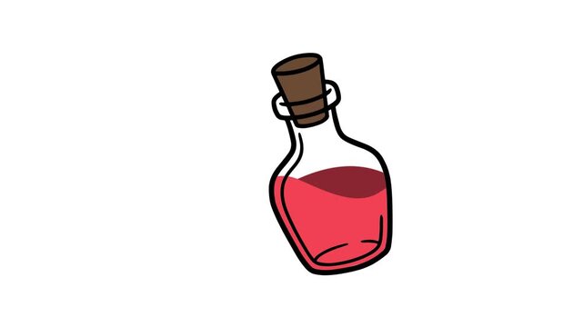 A simple video illustration of a glass potion bottle filled with a red liquid and sealed with a cork stopper, presented on a white background
