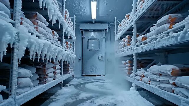 Industrial freezer with frozen food on frost-covered racks. Thick ice coats the shelves of a commercial cold storage warehouse. Cold chain logistics and food preservation concept.