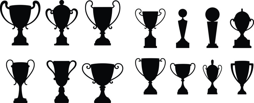 Trophy Cup Silhouette Collection Featuring Award Icons, Championship Prizes and Victory Symbols Vector Illustration Set